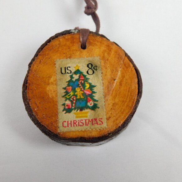 3 Handmade 2.5" Wood Round Christmas Ornaments w/Postage Stamps Hanging Unique - Picture 2 of 8